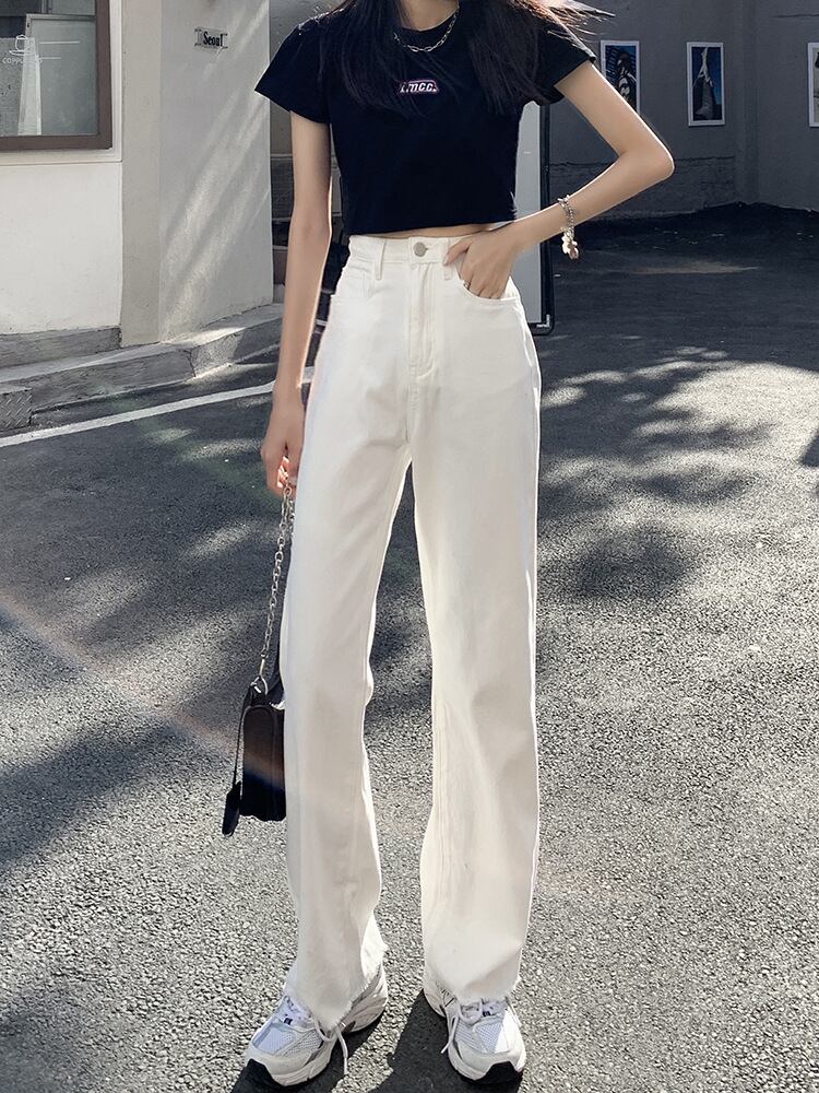 【新作】【送料無料】 2021 新ホワイトジーンズ女性の夏薄いハイウエストストレートレッグルーズ小人ワイド脚床拭きパンツ 0394795806208