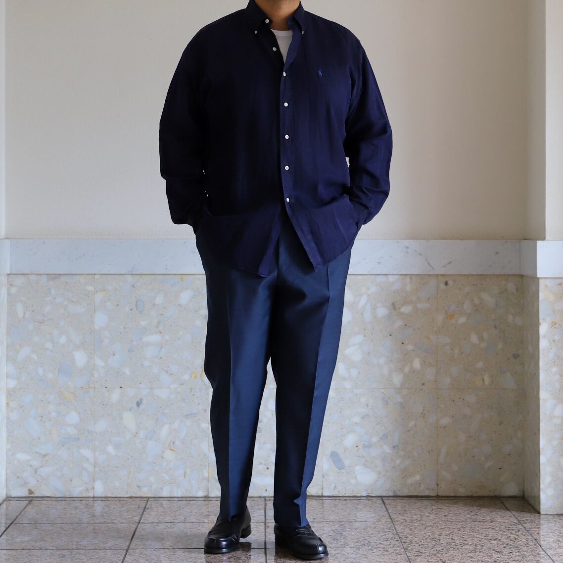 極美品】80s Ralph Lauren special silk linen shirt navy big size