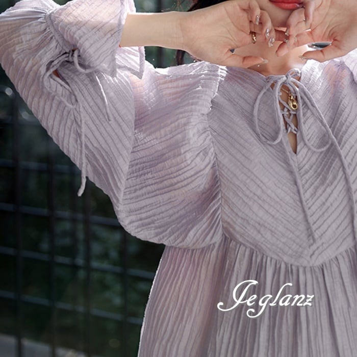 2色 ティアード ワンピース エンボス加工 キーネック レースアップ ( M4392)γα