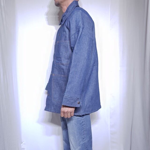 ヴィンテージ　デニムカバーオール プリズナージャケット　囚人　ステンシル DOCステンシルプリント囚人プリズンプリズナーデニムカバーオールXL