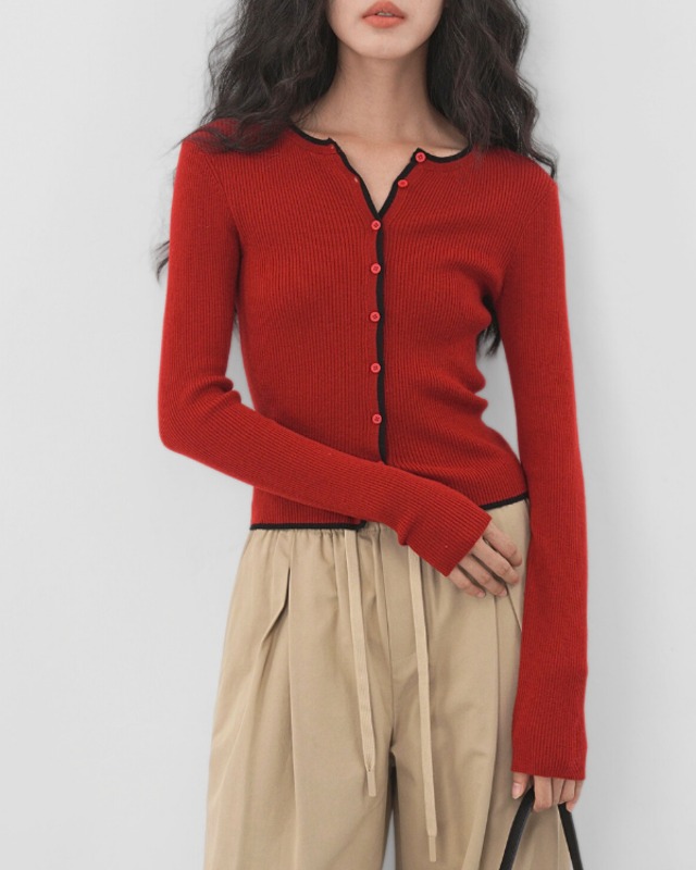 Contrast color ribbed knit cardigan ◇2color　TH3618