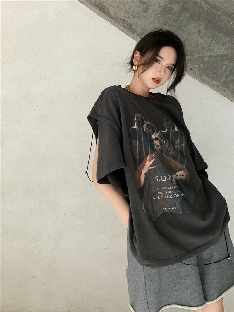 Tシャツ ルーズスタイルグレートップス サマー 夏物 ブラックストロベリース99207664716