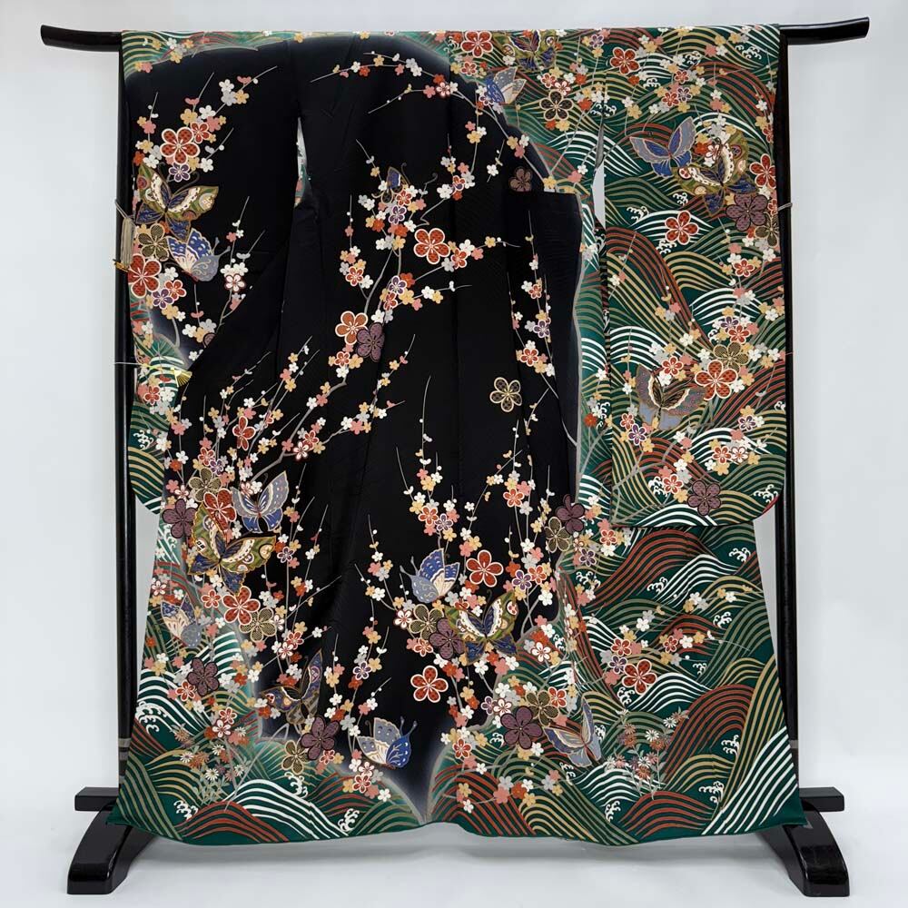 振袖 中古 緑 正絹 古典 裄65.3cm 身丈162cm 美品 M サイズ 成人式 4458