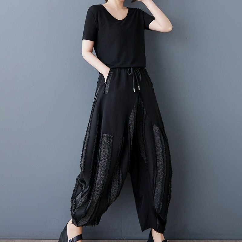 DESIGN STRIPE DRAWSTRING WAIST HAREM PANTS 1color M-13507
