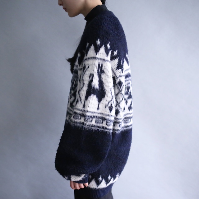 "モケモケ" mohair motif knit mural full pattern over silhouette 5b cardigan