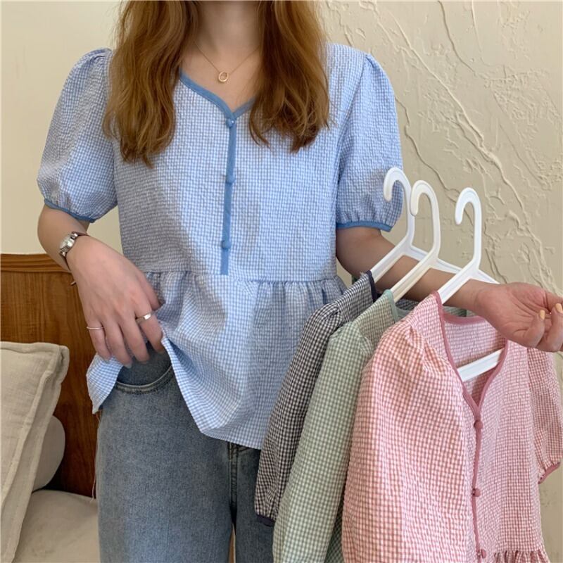 Vネックカラーシャツ サマートップス 大人ガーリー スウィート キュート カジュアル 夏物 YY-ファッション16958997760