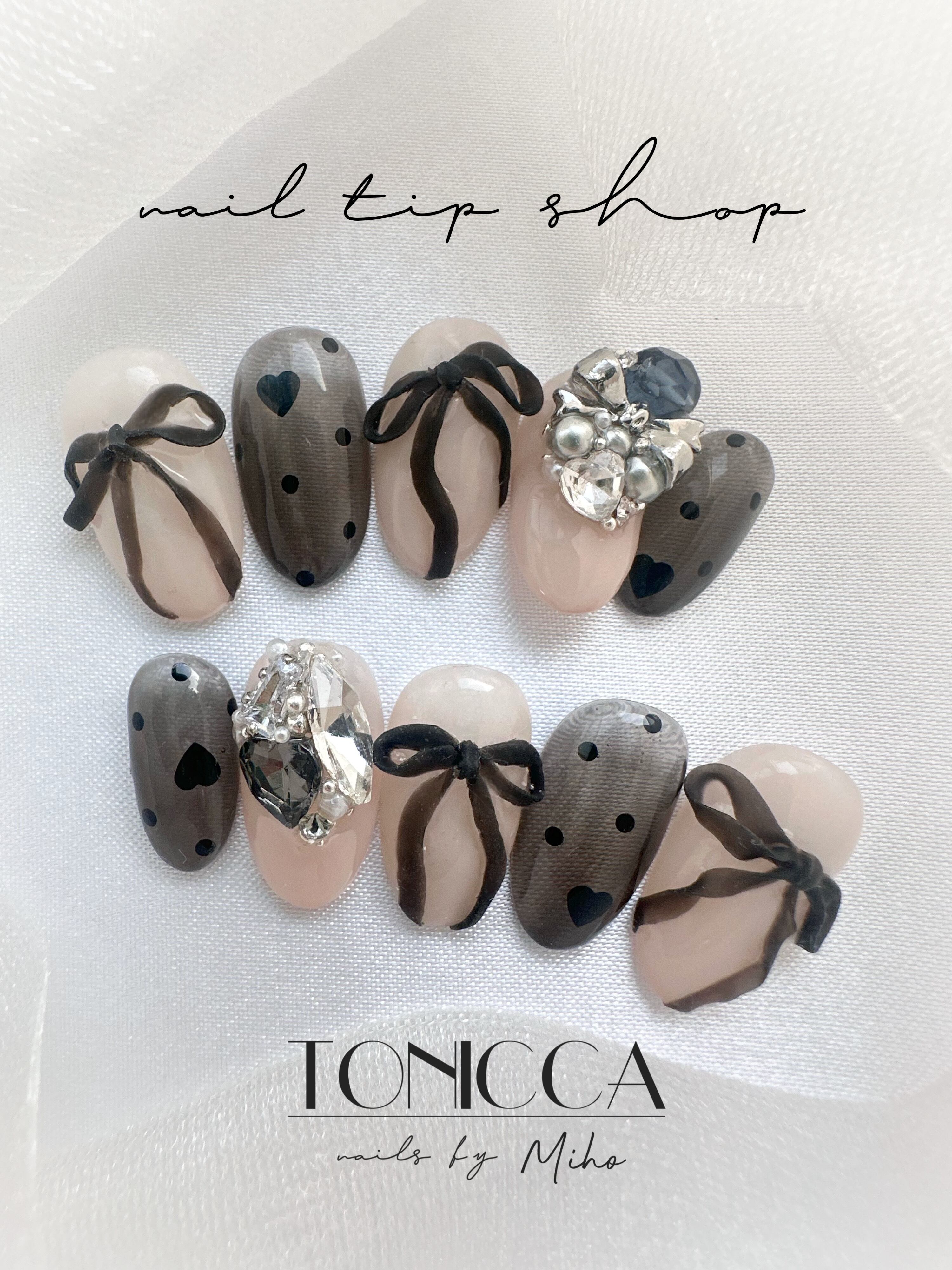No.34 pink & black ribbon press on nails /ピンク、3D.ビジュー