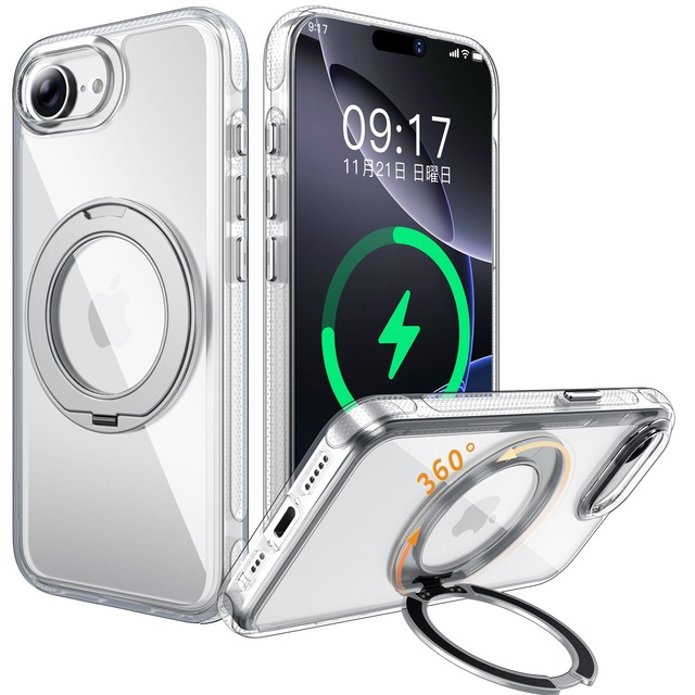 iPhone 17e / iPhone 16e ケース Magsafe対応 クリア 360°回転スタンド(クリア)