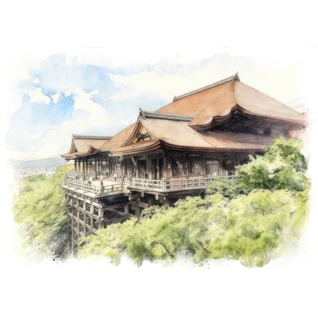 絵画 風景画(街並み) 日本 京都府 清水寺 インテリアアート額付き 水彩画・油絵風 WAT1541