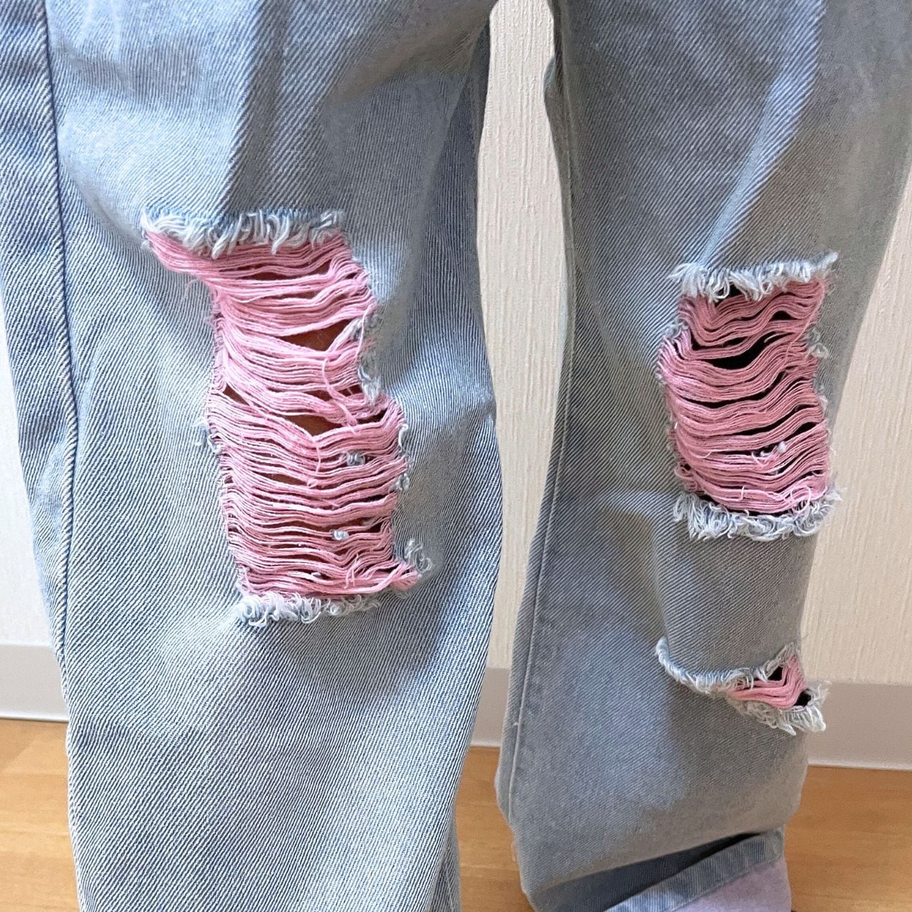 120-170】ピンクダメージデニム ダンス服 デニム カジュアル ピンク