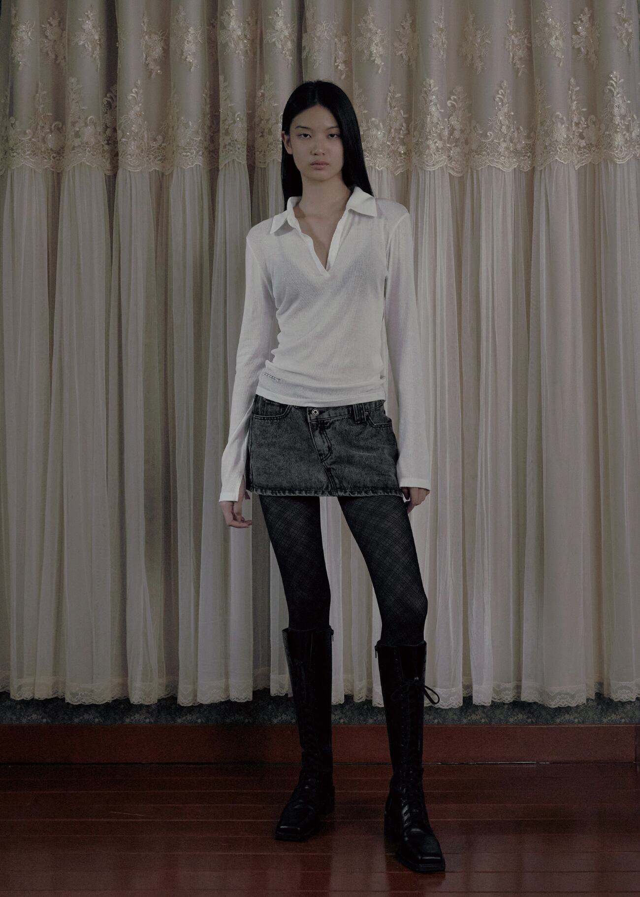 スカート BOHEMSEO bohemian seoul CROSSOVER SKIRT BOHEMIAN SEOUL] CROSSOVER DENIM MINI SKIRT, SNOW BLACK 正規品 韓国