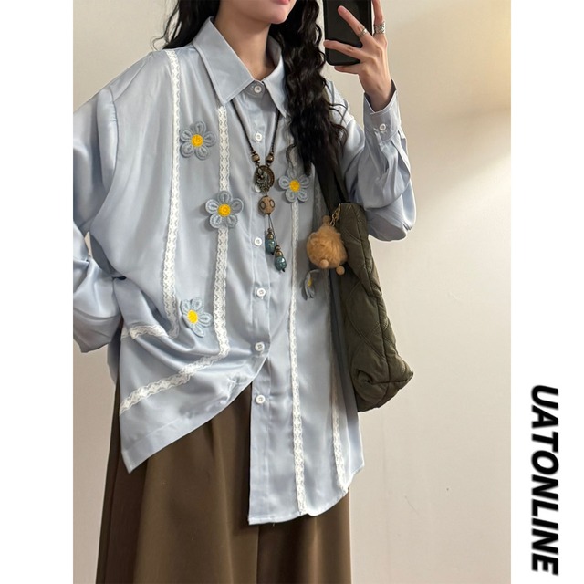 ♥立体花のアメカジシャツ。春の個性を一枚で！【UATONLINEシリーズ】★シャツ★ 2color ユニセックス トップス 長袖シャツ 花柄