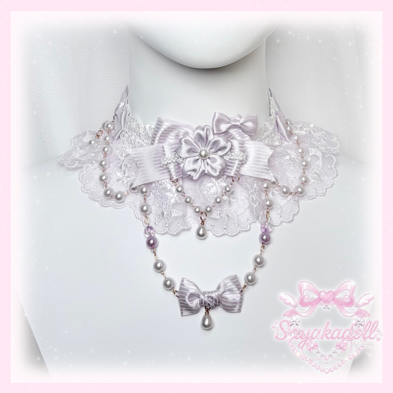 ♡ Cherry blossom  パールチェーン 桜モチーフ パステルフリルリボンチョーカー light blue ♡