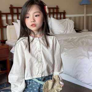 ふち編みショート丈ブラウス（ホワイト／ベージュ）ADBB 2026春｜80-130cm｜トップス｜シャツ｜ぽわん袖 ［取寄］