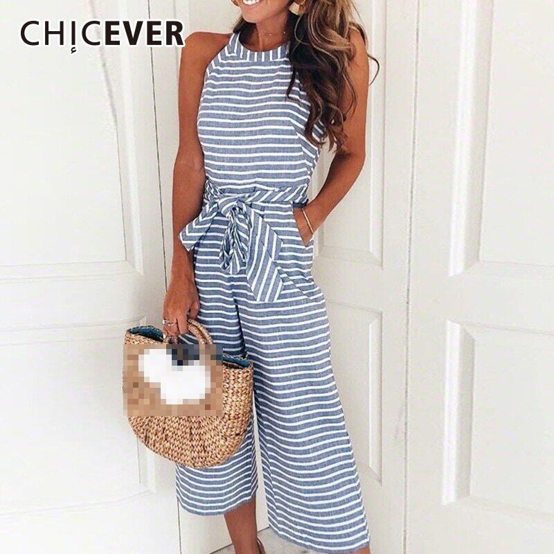 CHICEVERストライプジャンプスーツ女性2020ノースリーブレースアップボウサマービーチワイドレッグジャンプスーツ リボン 夏物 ワイドパンツ 6base558982207712