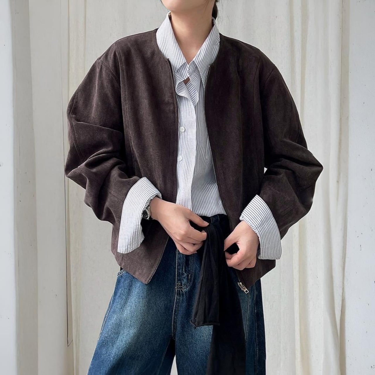 スエードライクノーカラージップアップジャケット A01813