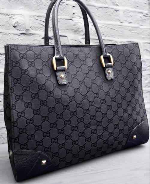 【定番モデル】GUCCI グッチ GGキャンバス × レザー 切替 スタッズ 書類 タブレット収納可能 スクエア型 トート バッグ ハンドバッグ 黒