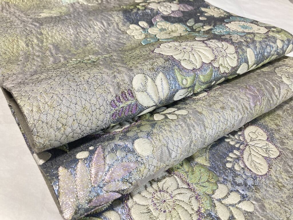未使用 辻が花 纐纈 膨れ織り 銀糸 袋帯 正絹 青 黄緑 紫 未使用 辻が花 纐纈 膨れ織り 銀糸 袋帯 正絹 青 黄緑 紫