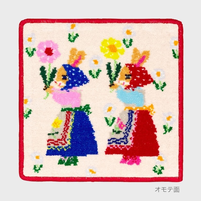 bpbp x 布川愛子 シェニール織ハンカチ /  お花を掲げるうさぎたち 20x20cm 綿100% 日本製 BPAF004