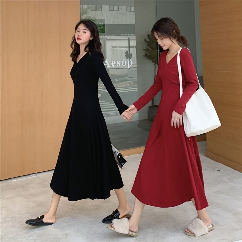 スプリングレッドVネックスリムロングAラインドレス スカート 春物 YY-ファッション23459463939