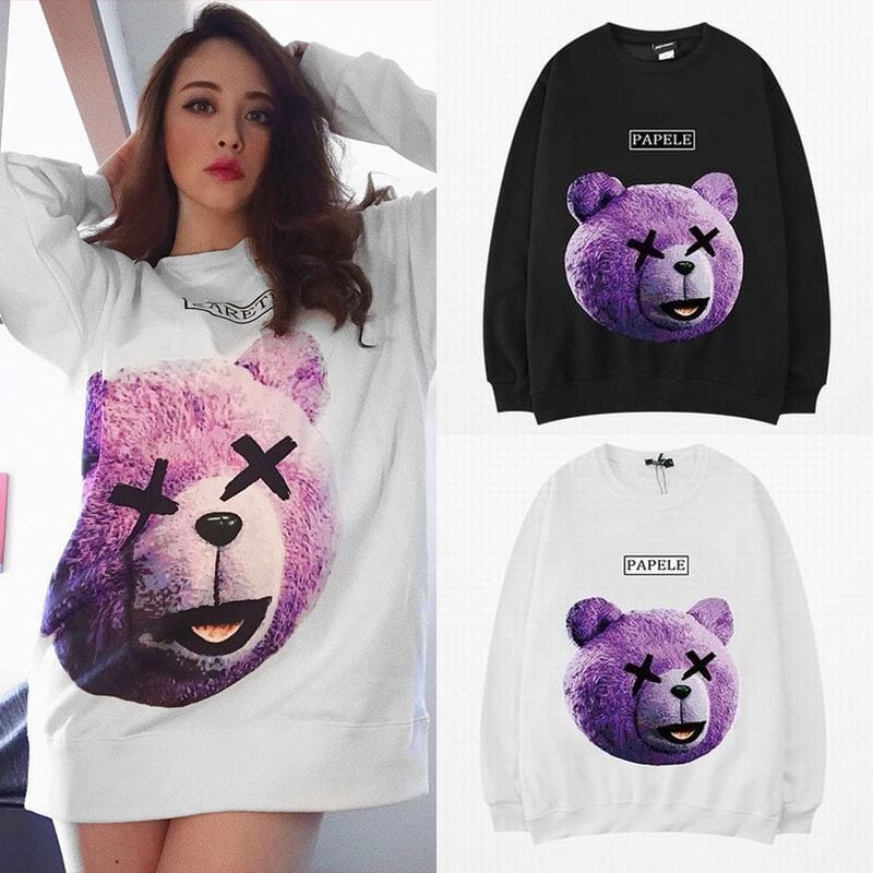 ユニセックス トレーナー プルオーバー 裏起毛 韓国ファッション メンズ レディース スウェット クマ ベアー プリント 長袖 オーバーサイズ ルーズ  ストリート / Broken head bear pattern cartoon hoodie pullover ...