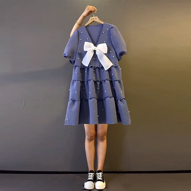 Vネックリボンサマー薄手スカート 大きめサイズ 夏物 ミックスインファッション12361489661