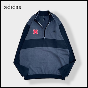 【adidas】カレッジロゴ ネブラスカ大学 Nebraska 刺繍ロゴ ブランドロゴ スポブラ ハーフジップ スウェット プルオーバー アディダス L 天竺編み 柄 切替 US古着