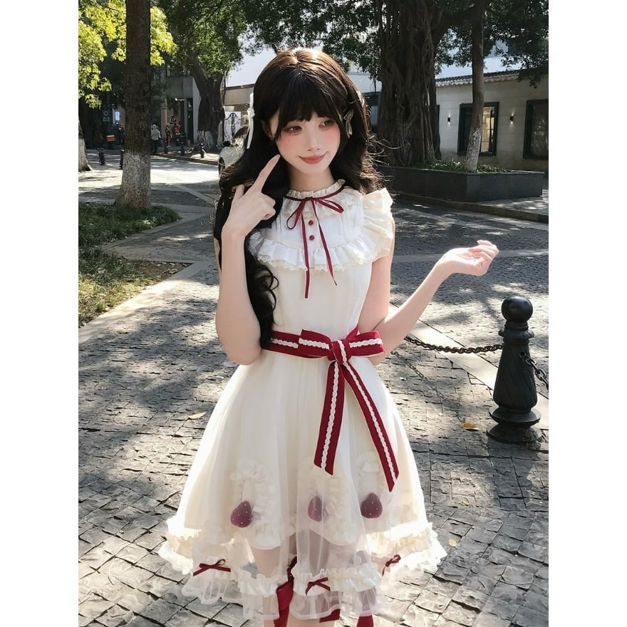 甘ロリ｜量産型 いちごムースケーキ風ノースリーブワンピース ベルト