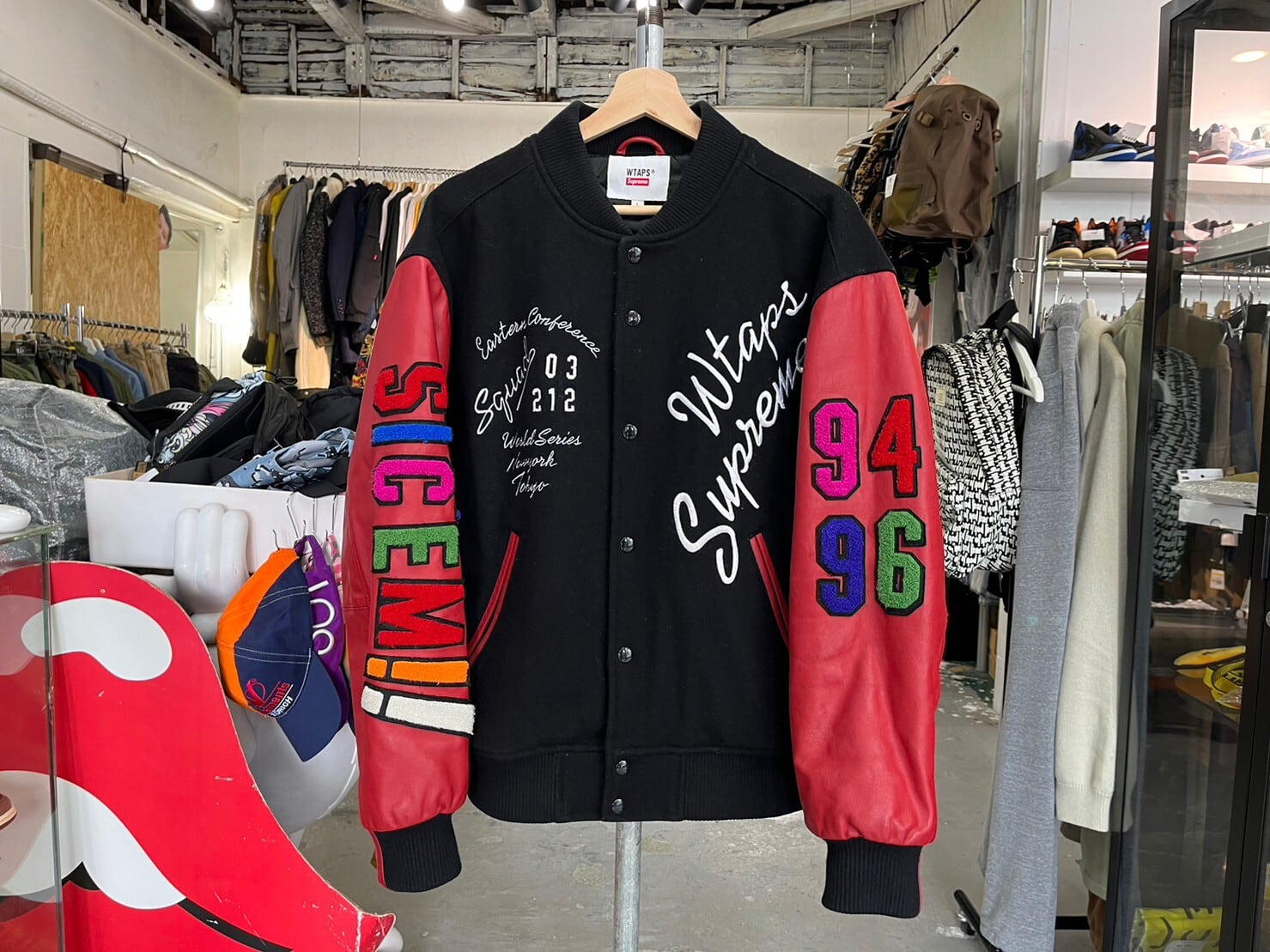 L supreme wtaps varsity jacket black