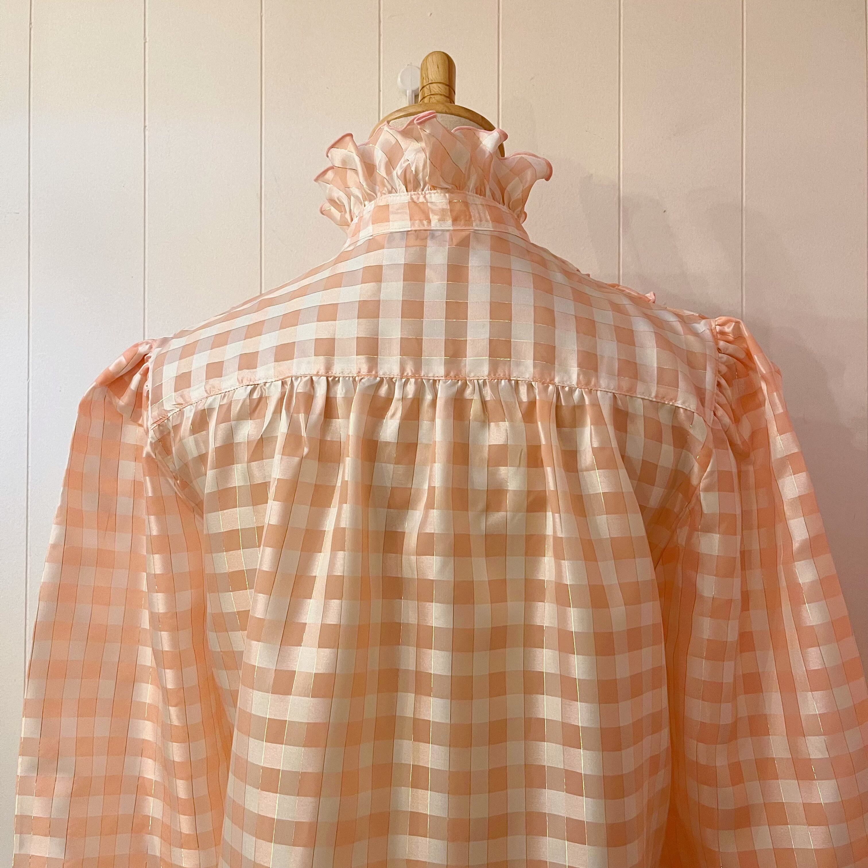 pink check frill stand collar blouse
