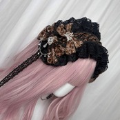 ♡【受注生産】No.9 姫ギャル 小悪魔レオパード ヒョウ柄 ビジューティアラ＆編み上げダブルリボン ブラックレースヘッドドレス light brown ♡