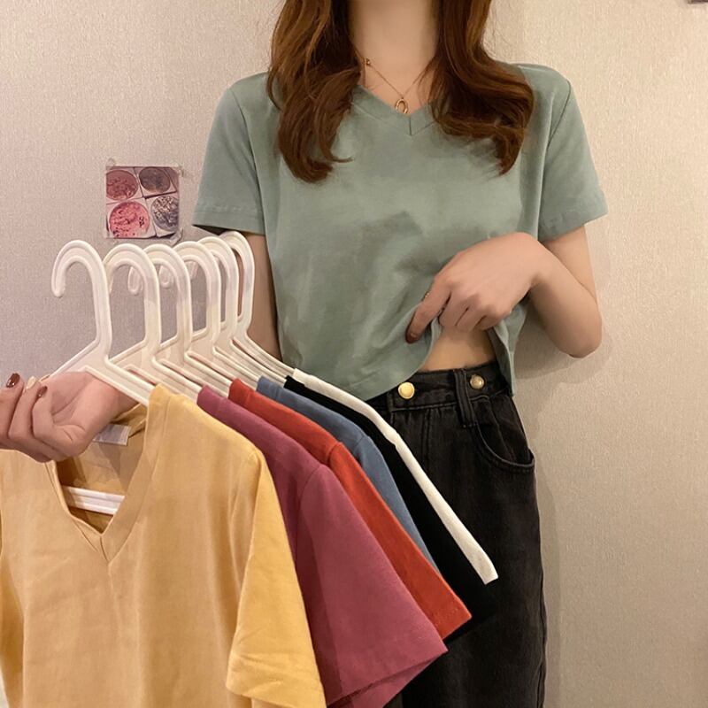 VネックショートTシャツ シャツ スプリングオータムスタイルルーズホワイトトップス 春物 秋物 YY-ファッション13033704947