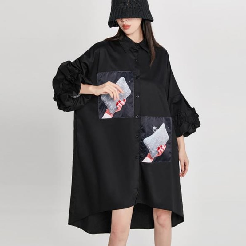 サブカル 服 地雷系 通販 シャツ シャツワンピ 長袖 ヘム丈 袖フリル 大人モード系 きれいめ