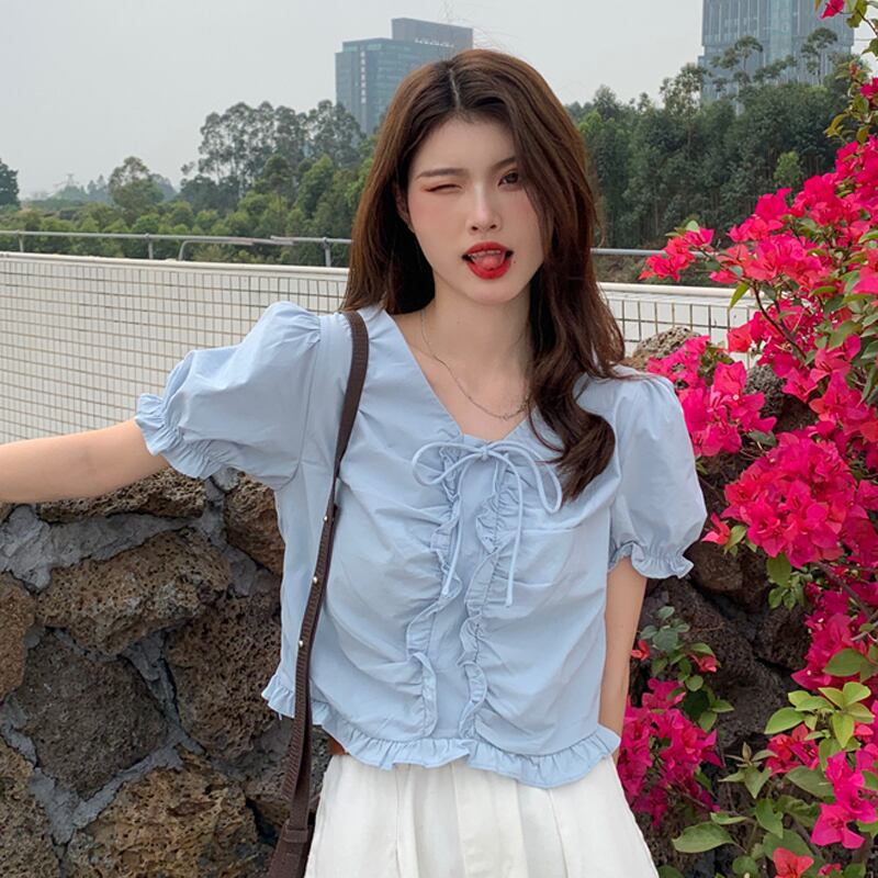 スタイルショートトップス レディースサマー薄手ブルーシャツ 大人ガーリー スウィート キュート カジュアル 夏物 試着室80828230188