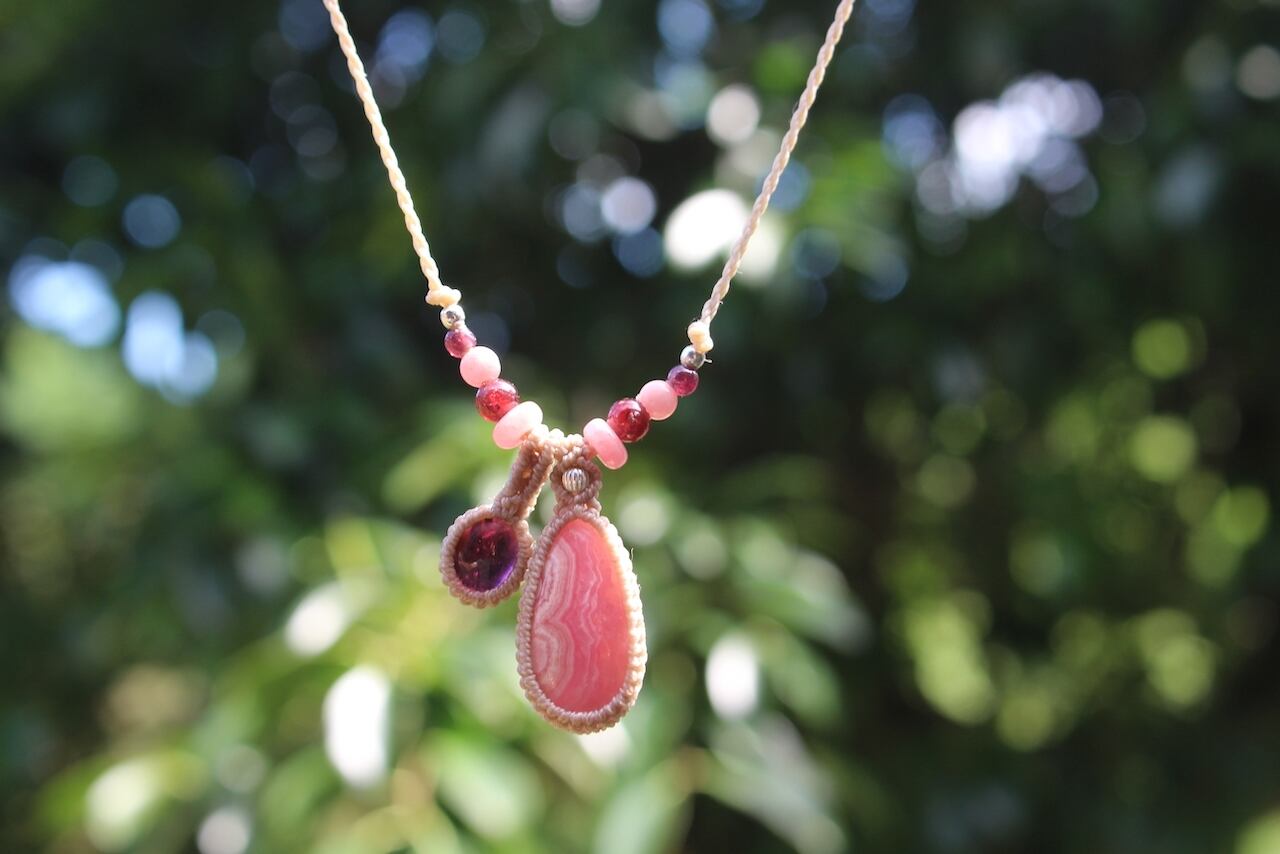 Rhodochrosite  & Rhodolite Garnet micro macrame  pendant