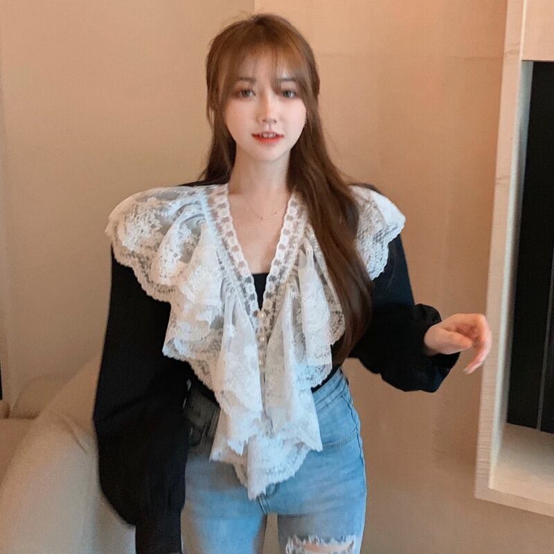 Vネックシャツ オータムウィンターブラックレーススプリングトップス ロング 春物 秋物 冬物 ステッチ YY-ファッション27804839727