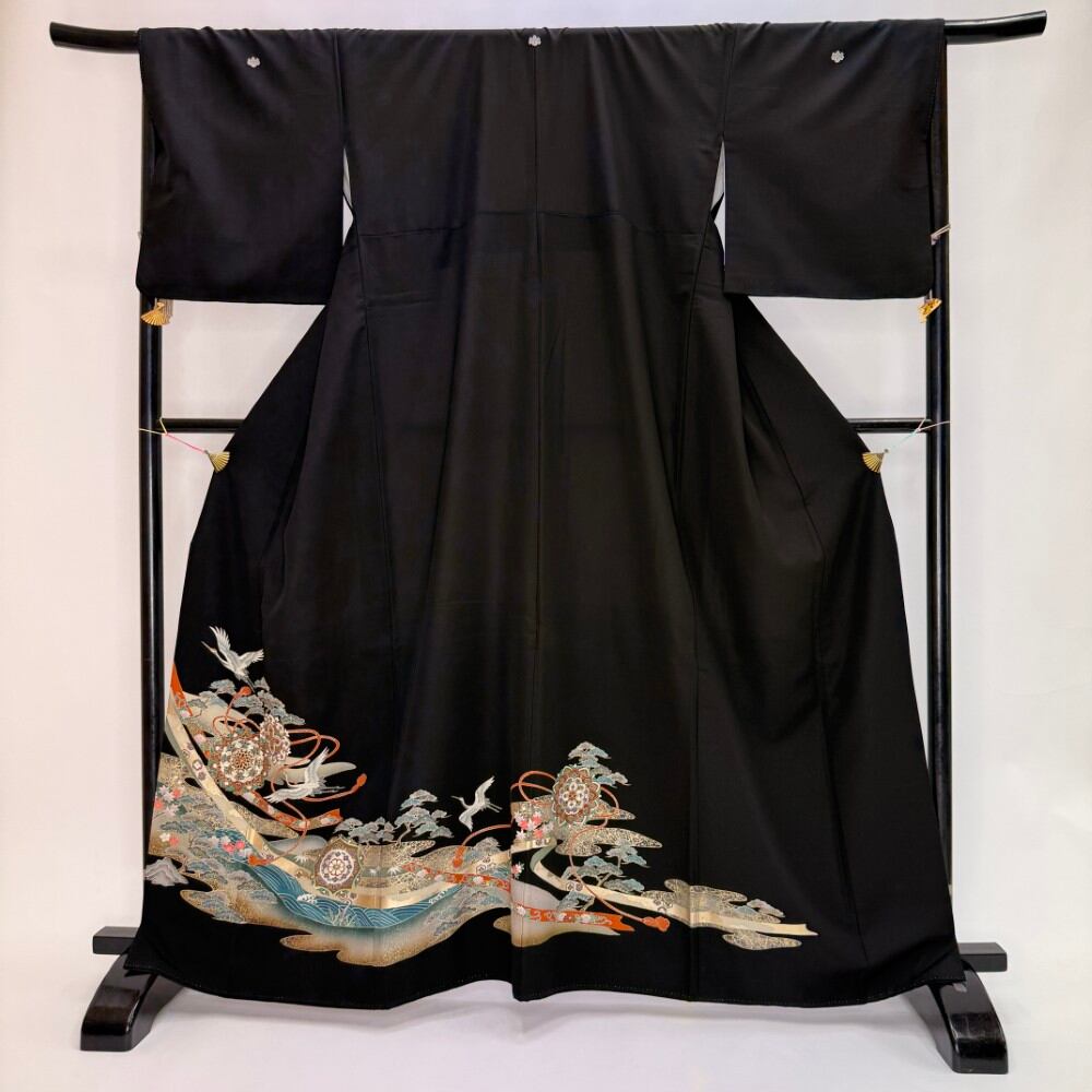 黒留袖 リサイクル着物 安い 裄68cm L size リメイク 中古 礼装 ポリエステル リユース 6214