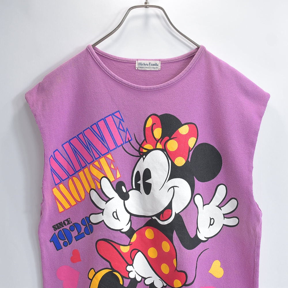 80~90s Mickey Family ディズニー ミニーマウス プリント ノースリーブ カットオフ カスタム トップス Disney USED ヴィンテージ ビンテージ 古着 レディースXL相当