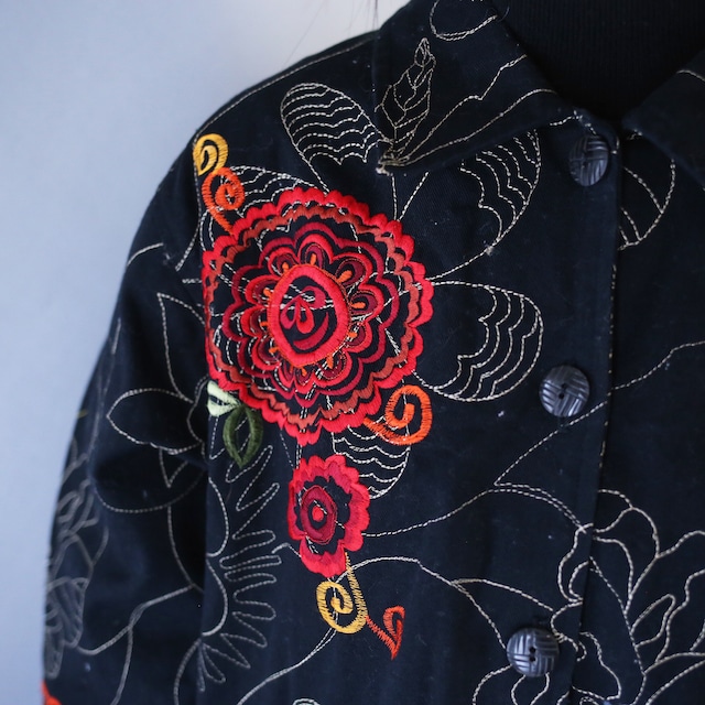 "花×刺繍"  beautiful pattern box silhouette cotton jacket