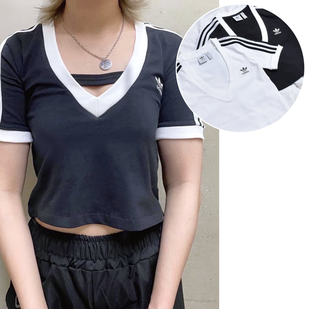 50%OFF】adidas 3ストライプ クロップドVネックTシャツ