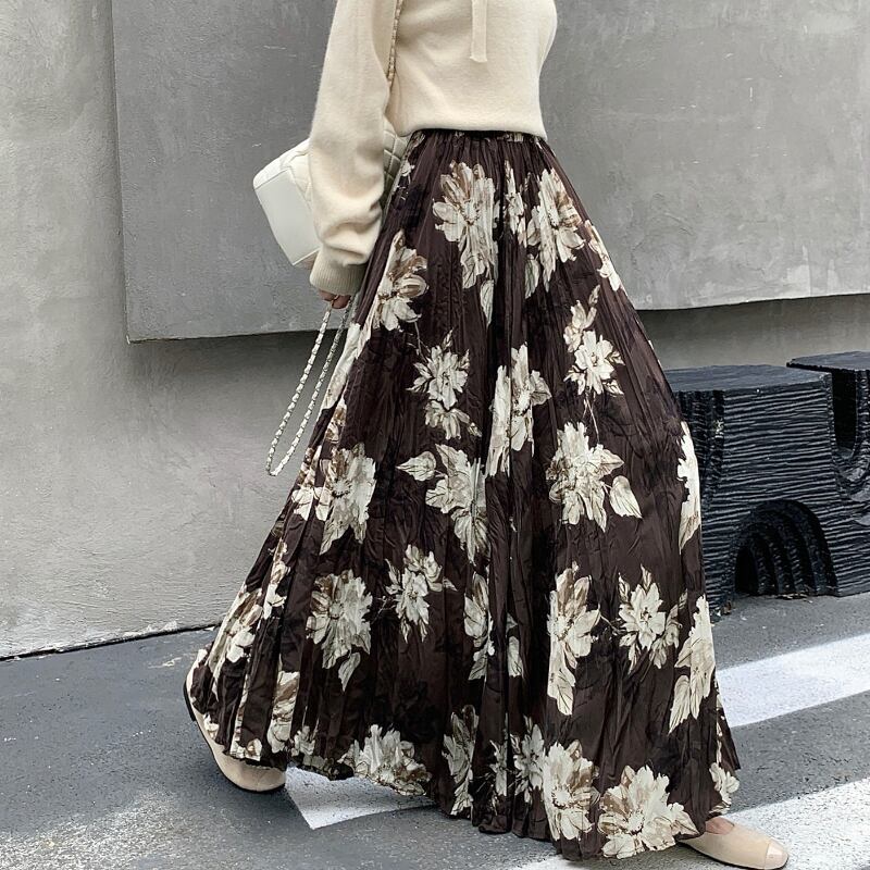 Vintage Floral Crinkle Pleated Maxi Skirt( S0386