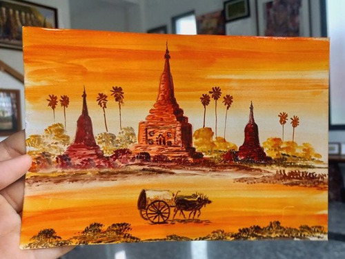 【絵画】ミャンマーの世界遺産　バガンの夕暮れの風景