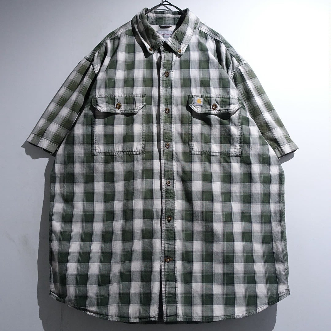 "Carhartt" Green Pattarn & Logo Patch Check BD S/S Shirt