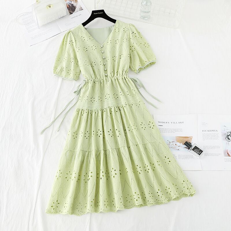 No 780 パンチングレース スカラップ ワンピース Vネック パフスリーブ フェミニン 上品 韓国のプチプラレディース 子供服ショップ Sourire