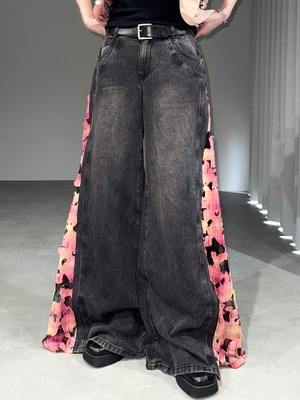 side lace switching wide denim / black × pink