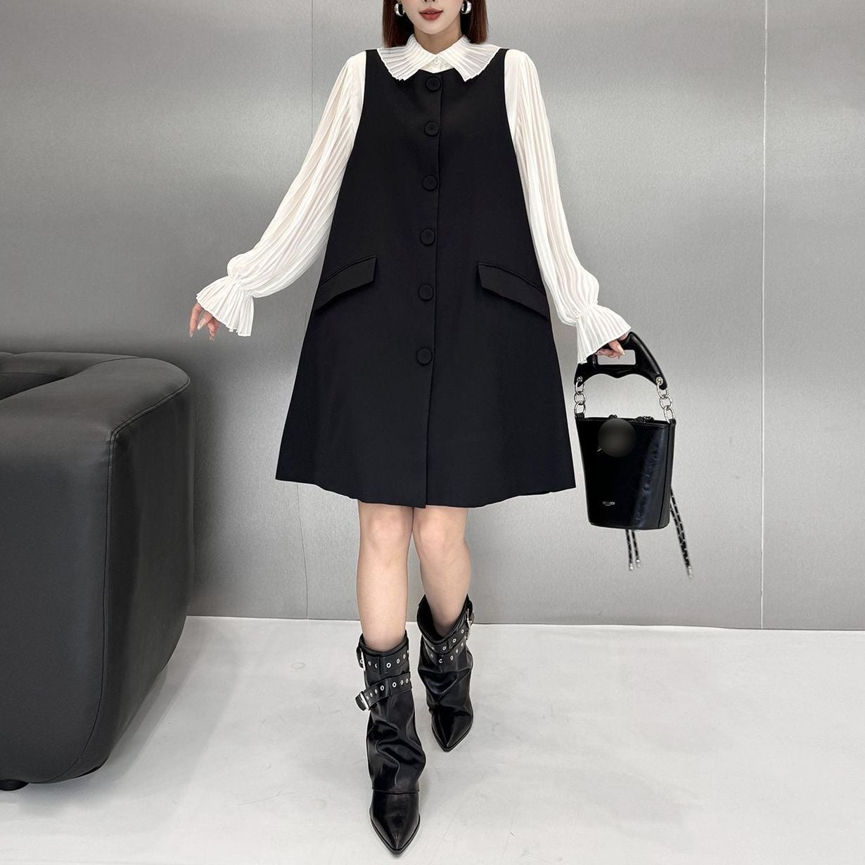 SLEEVELESS SINGLE BUTTON A-LINE VEST DRESS M-18577