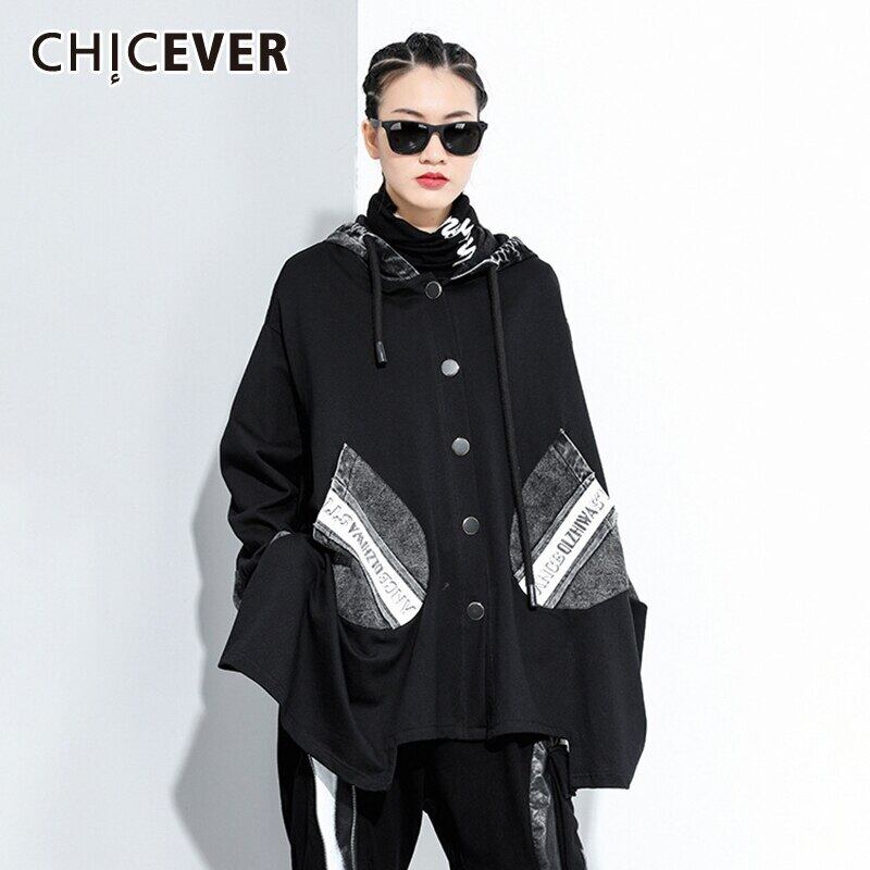 ポケットの女性が付いているCHICEVERパッチワークジャケット巾着ヒットカラーフード付き長袖黒のストリートウェアコート2020タイド ロング ブラック 6base531436088741