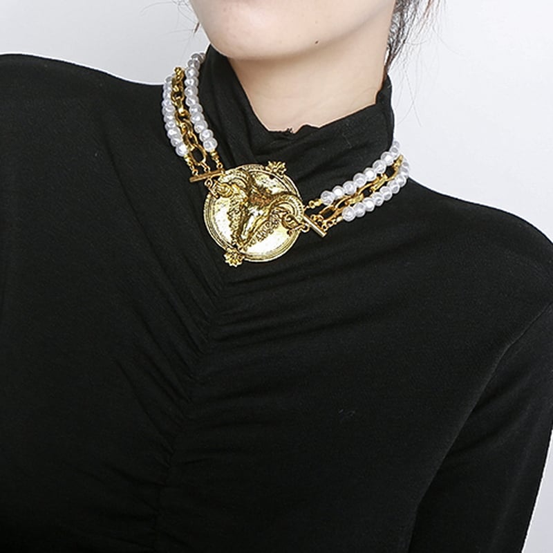 サブカル 服 地雷系 通販 モード系 大人きれいめ ネックレス メダル フェイクパール チェーン キレカジ 韓国ファッション ゴシック ロリータ