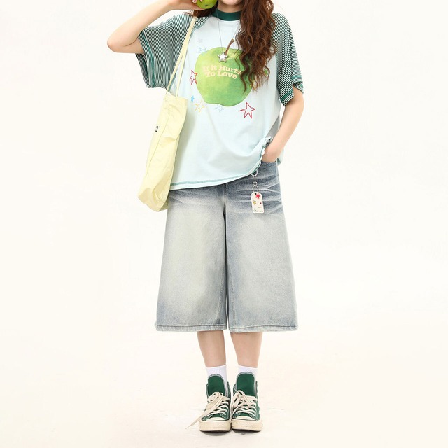 ボーダースリーブアップルグラフィックTシャツ 2col   R02491