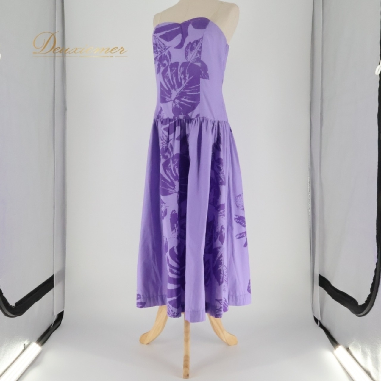 フラダンス 衣装 ワンピース ドレス CC Fashions パープル系 ハワイ製 キャミソールワンピース チューブトップ ワンカラー モンステラ柄 かわいい 華やか 鮮やか 明るい ハワイアン アロハ ハワイアンプリント フラ ダンス レッスン 練習